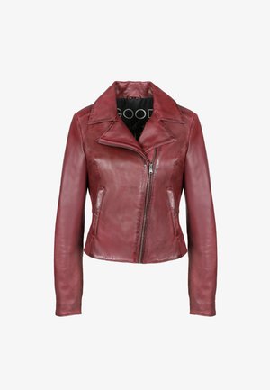 Burgunderfarbene Leder-Motorradjacke mit Reißverschluss, spitzem Kragen und langen Ärmeln. Glatte Textur und taillierte Passform.