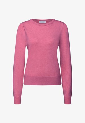 Růžový svetr s dlouhým rukávem a kulatým výstřihem, s žebrovanými manžetami a spodním lemem, vystavený na bílém pozadí.