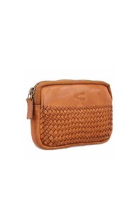Brown leather coin purse with a woven texture on one side, featuring a zipper closure and a smooth finish on the opposite side.
