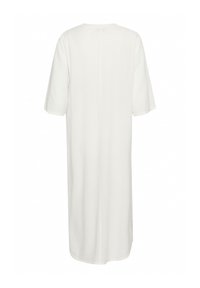 Robe blanche, longueur genou, à manches courtes, texture unie, encolure ronde et couture centrale au dos. Confectionnée dans un tissu léger.