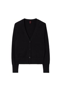 Černý kardigan z měkkého materiálu s hlubokým výstřihem do V, dlouhými rukávy a zapínáním na knoflíky vpředu s kulatými knoflíky.