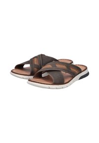 Brown slide sandals with cross straps in textured and smooth materials, featuring a light sole and contrasting white accents.