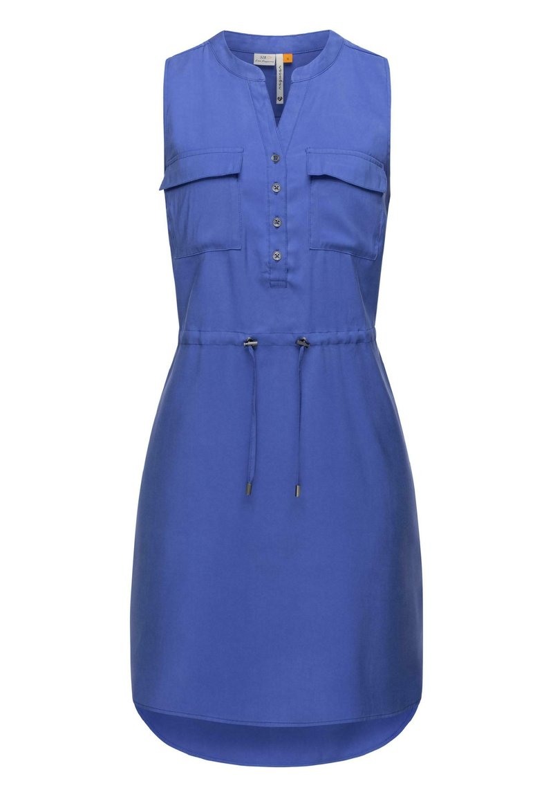 Ärmelloses blaues Kleid mit einem V-Ausschnitt, zwei vorderen Taschen, Knopfdetails, verstellbarem Kordelzug an der Taille und abgerundetem Saum.