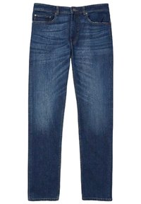 Jeans de mezclilla azul, diseño de pierna recta, estilo de cinco bolsillos, con una textura desgastada y costuras en contraste a lo largo de las costuras.