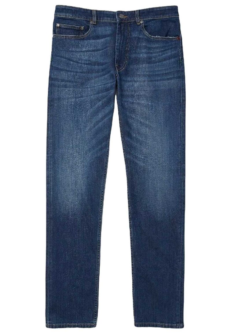 Jeans en denim bleu, design à jambe droite, style à cinq poches, avec une texture délavée et des coutures contrastées le long des coutures.