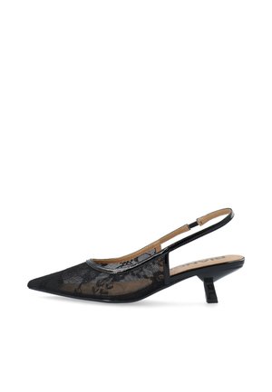 Chaussure noire à talon kitten bride arrière, bout pointu et détail en dentelle sur la tige.