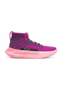 Mid-top athletic shoe featuring a purple knit upper with black accents, black laces, and a textured pink sole. Lightweight and flexible design.