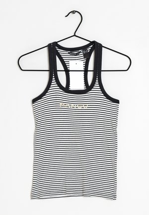 Débardeur à rayures noir et blanc avec un design dos nageur, comportant un logo "MANGO" doré. Fabriqué dans un tissu léger et extensible.