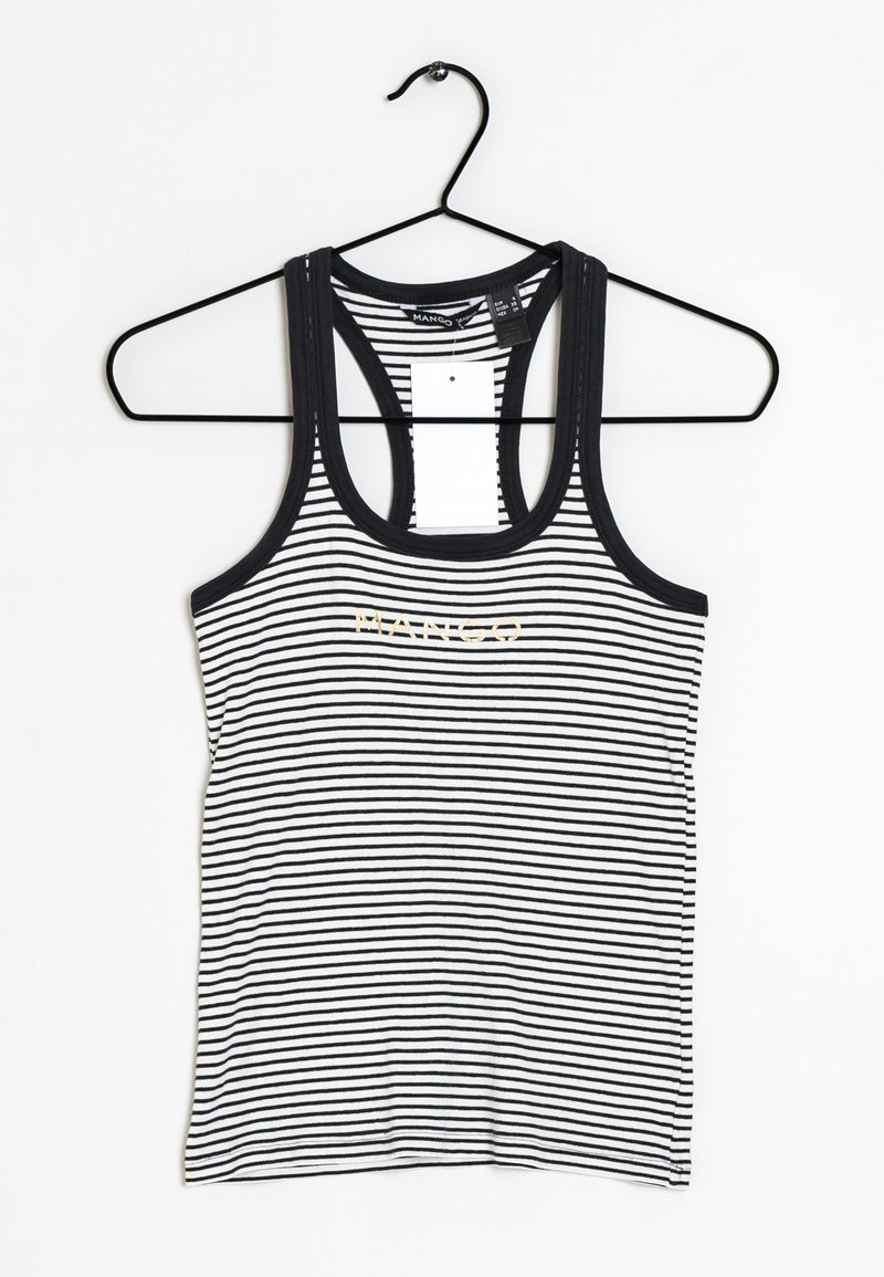 Zwart-wit gestreepte tanktop met een racerback ontwerp, voorzien van een gouden "MANGO" logo. Gemaakt van een lichte, rekbare stof.