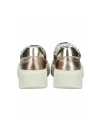 Metallic bronze slip-on shoes with a smooth finish, white platform sole, and an open back design. Simple stitching accents enhance the structure.