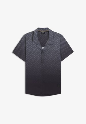 Majica s kratkimi rokavi v temno sivi barvi, z ombré vzorcem, subtilnimi teksturami in petimi črnimi gumbi spredaj. Oznaka je vidna spodaj.