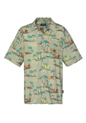 Beige overhemd met korte mouwen, knoopsluiting en groene palmbomen, oranje bloemen, surfplanken en eilandpatronen.