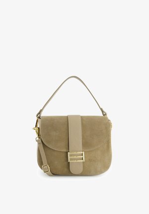 Sac bandoulière en daim beige avec sangle en cuir et boucle dorée, doté d'une poignée supérieure et du logo "Venezia" en relief sur le devant.