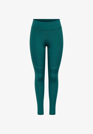 Leggings turquoise taille haute longueur complète avec bandes texturées subtiles au-dessus des genoux, conçus pour les activités sportives et de fitness.