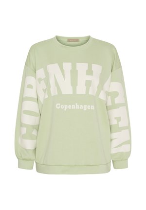 Lysegrøn sweatshirt med "Copenhagen" trykt med store hvide bogstaver på tværs af front og ærmer, rund halsudskæring og lange puffede ærmer.