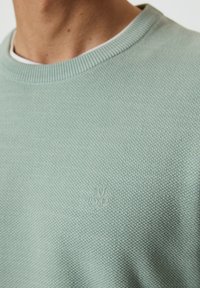 Hellgrüner Strickpullover mit strukturiertem Muster, geripptem Ausschnitt und einem dezenten Logo, das auf der Brust gestickt ist.