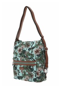 Sac à motif floral avec un fond vert menthe, des accents marron, une bandoulière réglable et une poche avant zippée.