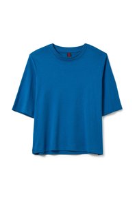 Camiseta corta de manga azul hecha de algodón suave, con un cuello redondo y un ajuste relajado. Diseño simple sin patrones ni acentos visibles.