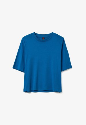 Blaues kurzärmliges T-Shirt aus glattem Baumwollmaterial, mit einem runden Halsausschnitt und lockerer Passform. Einfaches Design ohne sichtbare Muster oder Akzente.