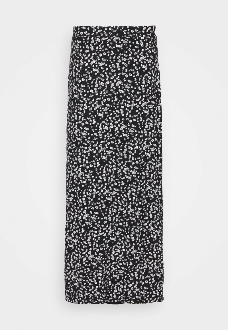 Jupe noire longueur cheville avec petit motif de fleurs blanches, coupe droite et taille haute.