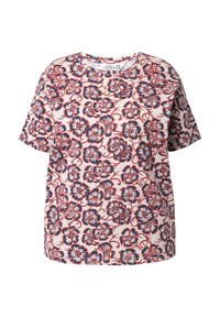 Kurzarm-T-Shirt aus leichtem Stoff, mit einem floralen Muster in Rot und Marineblau auf einem hellen Hintergrund, runder Ausschnitt.