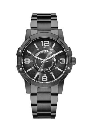 Orologio da polso in metallo nero con grandi numeri bianchi a 12, 3, 6, 9, lancette argentate e cinturino metallico intrecciato che segna le 10:10.
