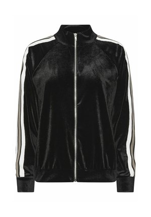 Giacca in velluto nero con zip, collo alto e strisce bianche e beige sulle maniche, polsini e vita elasticizzati.