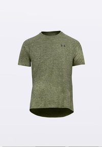 Olivengroen atletisch shirt met korte mouwen, gestructureerde stof, afgeronde zoom en een klein zwart logo op de linker bovenborst.