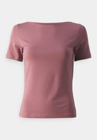 Krátký rukáv top v odstínu dusty rose, navržený s širokým výstřihem a slim fit. Vyrobeno ze měkké, elastické látky s hladkou strukturou.