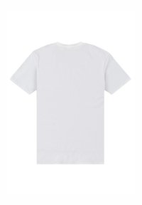 Bílý krátký rukáv tričko zobrazené zezadu na bílém pozadí bez viditelného designu nebo značky.