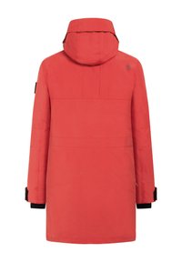 Röd vattentät parka med huva, med rak passform, långa ärmar och svarta accentdetaljer vid muddarna.