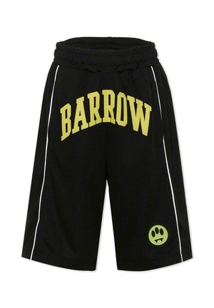 Shorts de sport noirs avec taille élastique, texte jaune "BARROW" sur le devant, bandes blanches latérales, et logo d'une empreinte de patte verte près de l'ourlet.