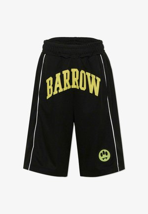Czarne sportowe szorty z elastycznym pasem, żółtym napisem "BARROW" na przodzie, białymi paskami po bokach oraz zielonym logo w kształcie łapy blisko brzegu.
