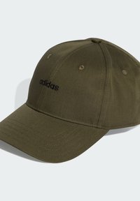 Olive green baseball cap made of durable fabric, featuring six panels, a curved brim, and black embroidered logo on the front.