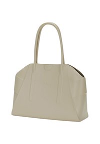 Beige Einkaufstasche aus flexiblem Material, mit zwei langen Griffen, einer strukturierten Form und einem minimalistischen Design mit dezentem Branding.