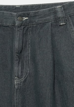 Dark gray denim trousers featuring a pleated front, zip and button closure, and contrasting white stitching. Includes a side pocket for utility.