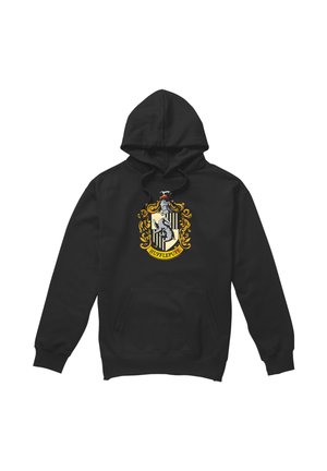 Schwarzer Hoodie mit Fronttasche, der ein gelb-schwarzes Hufflepuff-Wappen mit Dachs-Emblem und dekorativen goldenen Verzierungen zeigt.