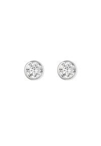 Pendientes de botón redondos con cristales de vidrio facetados y transparentes, montados en un entorno de metal con acabado en tono plateado pulido. El diámetro es de aproximadamente 5 mm.