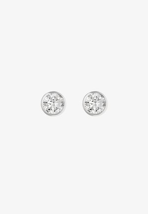 Round stud earrings featuring clear, faceted glass crystals set in a polished silver-tone metal setting. Diameter is approximately 5mm.