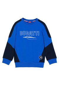 Felpa blu con dettagli navy, caratterizzata da una grafica "BUGATTI" in bianco e una patch rotonda del logo. Collo rotondo e polsini a costine.