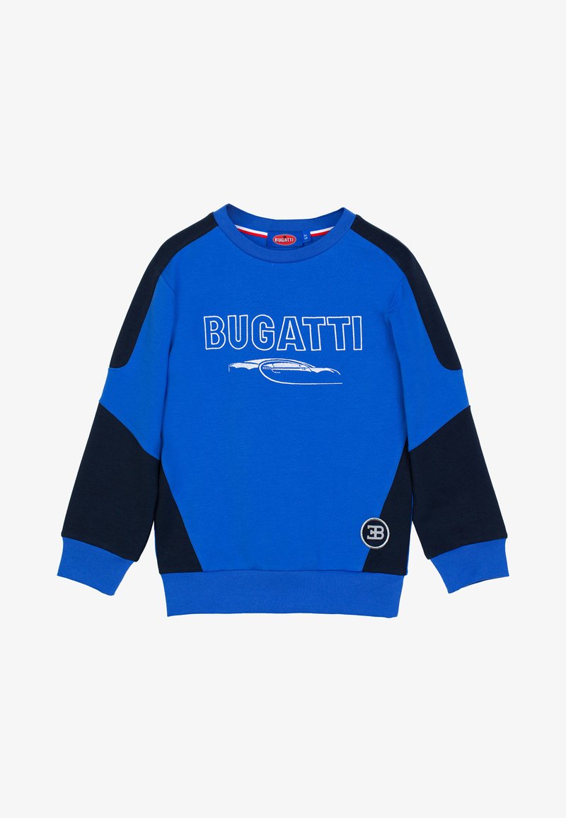 Felpa blu con dettagli navy, caratterizzata da una grafica "BUGATTI" in bianco e una patch rotonda del logo. Collo rotondo e polsini a costine.