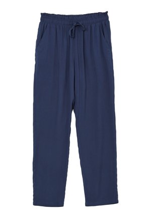 Pantaloni rilassati blu navy con vita elastica, cordoncino regolabile e tasche laterali. Tessuto liscio con design a gamba dritta.