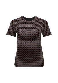 T-shirt à manches courtes bleu marine avec un motif ondulé en beige et marron clair. Fabriqué en tissu doux, avec un col rond et une coupe normale.