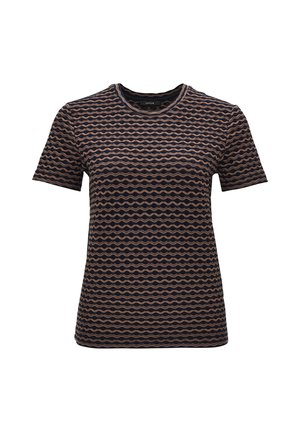 Navyblauwe T-shirt met korte mouwen met een golvend patroon in beige en lichtbruin. Gemaakt van zacht materiaal met een ronde hals en een normale pasvorm.