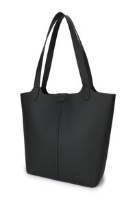 Black textured tote bag with dual handles, structured shape, minimalist design, and a central seam detail. No visible hardware or accents.