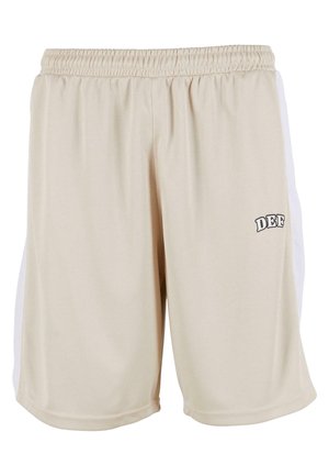 Beige Sportshorts aus Meshstoff, mit elastischem Bund und kontrastierenden weißen Seiteneinsätzen. Auf dem linken Bein ist das "DEF"-Logo in Schwarz aufgedruckt.