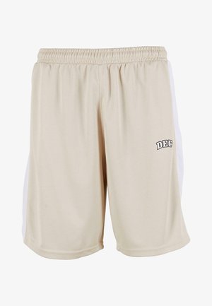 Bež športne kratke hlače z mrežasto tkanino, elastičnim pasom in kontrastnimi belimi stranskimi paneli. Vsebujejo črn logotip "DEF" na levem hlačniku.