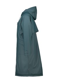 Kes raincoat teal panjang sedang terbuat dari bahan tahan air, dilengkapi dengan penutup kepala, saku samping, dan manset yang dapat disesuaikan. Tekstur yang halus dan desain yang sederhana.