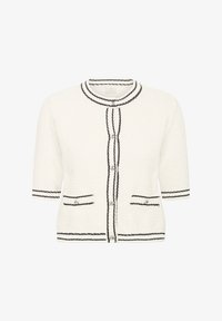 Cárdigan blanco texturizado con ribete negro, mangas cortas, cuello redondo y dos bolsillos frontales. Cierre con botones y detalles decorativos.