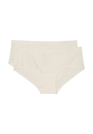 Twee paar lichtbeige damesonderbroeken, gemaakt van een gladde stof met een naadloos ontwerp en een minimalistische elastieken tailleband.